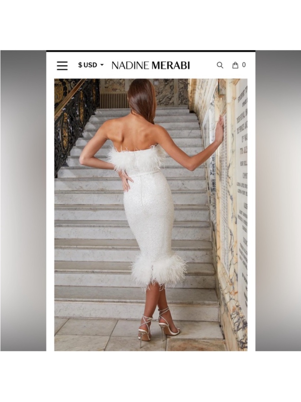 NADINE MERABI “Katie” Ivory Satin Evening Dress with feather trim - Picture 9 of 9